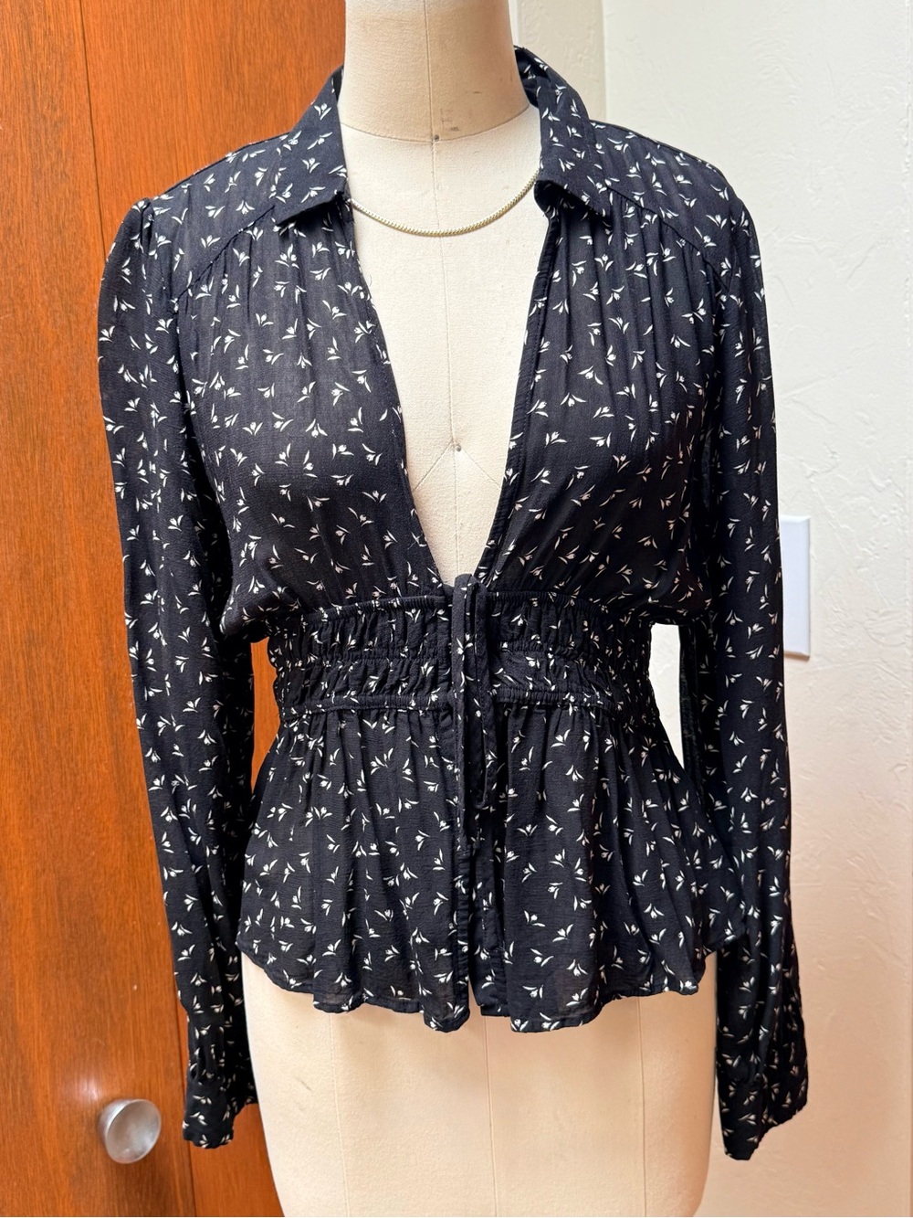 Free People Printed Peplum Smocked-Waist Long-Sleeve Top